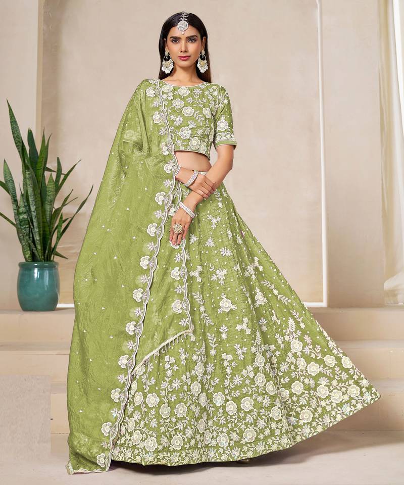 Green Organza Sequins Work Semi Stitched Lehenga Choli Size Up To 42
