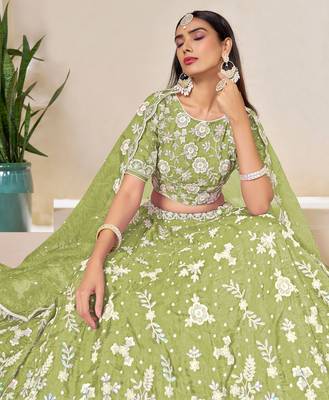 Green Organza Sequins Work Semi Stitched Lehenga Choli Size Up To 42 2