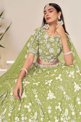 Green Organza Sequins Work Semi Stitched Lehenga Choli Size Up To 42