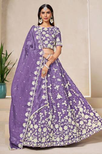 Lavender Organza Sequins Work Semi Stitched Lehenga Choli Size Up To 42