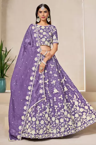 Lavender Organza Sequins Work Semi Stitched Lehenga Choli Size Up To 42