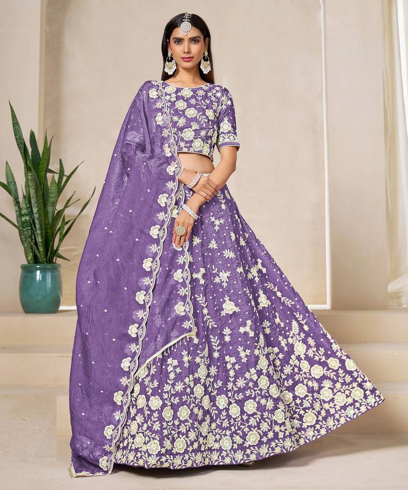 Lavender Organza Sequins Work Semi Stitched Lehenga Choli Size Up To 42