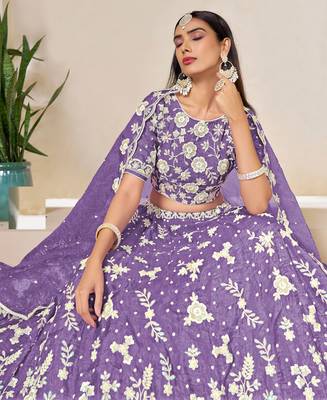 Lavender Organza Sequins Work Semi Stitched Lehenga Choli Size Up To 42 2