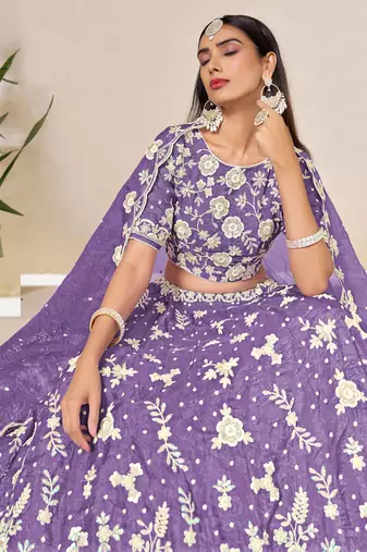 Lavender Organza Sequins Work Semi Stitched Lehenga Choli Size Up To 42