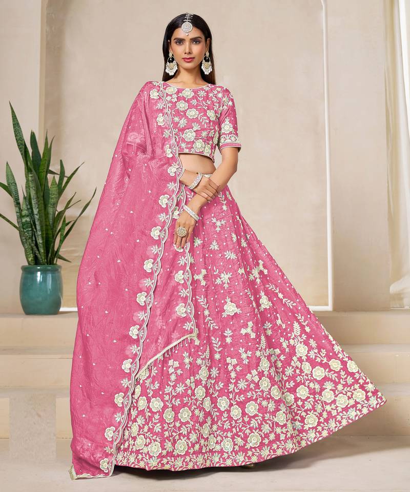 Pink Organza Sequins Work Semi Stitched Lehenga Choli Size Up To 42