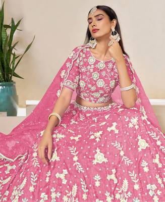 Pink Organza Sequins Work Semi Stitched Lehenga Choli Size Up To 42 2
