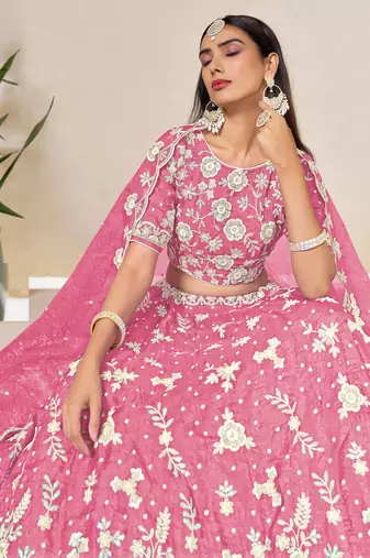 Pink Organza Sequins Work Semi Stitched Lehenga Choli Size Up To 42