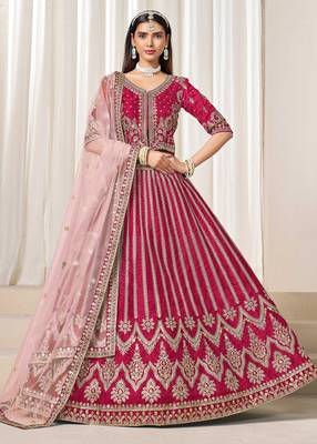 Pink Art Silk Zari Work Semi Stitched Lehenga Choli Size Up To 42 1