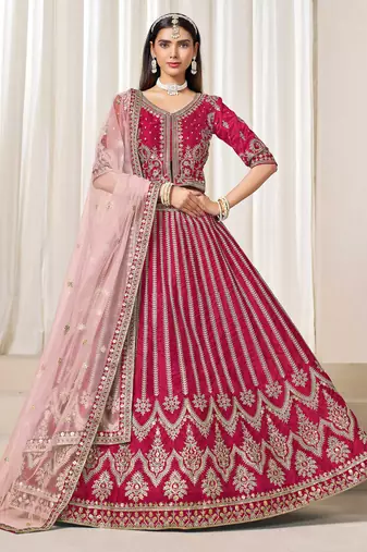 Pink Art Silk Zari Work Semi Stitched Lehenga Choli Size Up To 42
