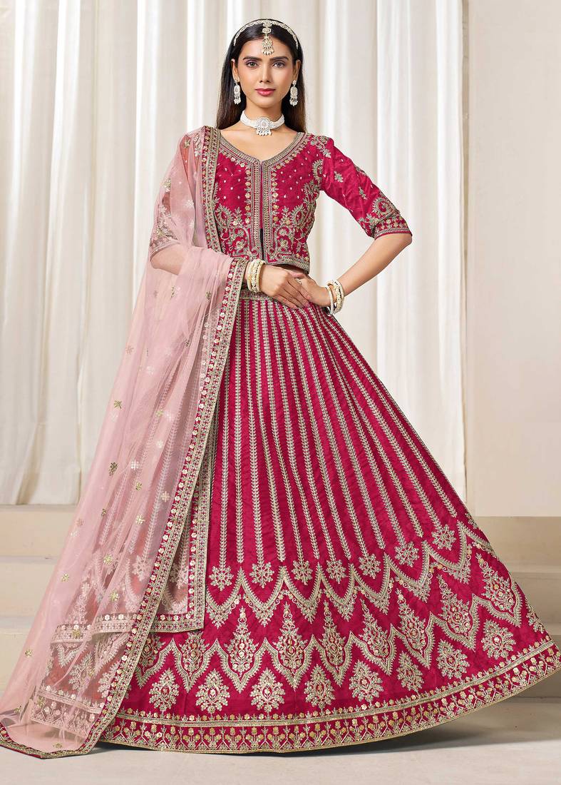 Pink Art Silk Zari Work Semi Stitched Lehenga Choli Size Up To 42