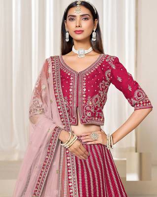 Pink Art Silk Zari Work Semi Stitched Lehenga Choli Size Up To 42 2