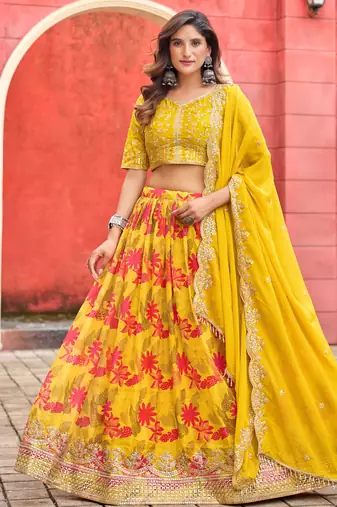 Yellow Art Silk Hand Embroidery Semi Stitched Lehenga Choli Size Up To 42