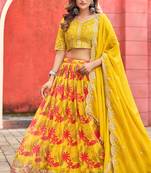 Yellow Art Silk Hand Embroidery Semi Stitched Lehenga Choli Size Up To 42