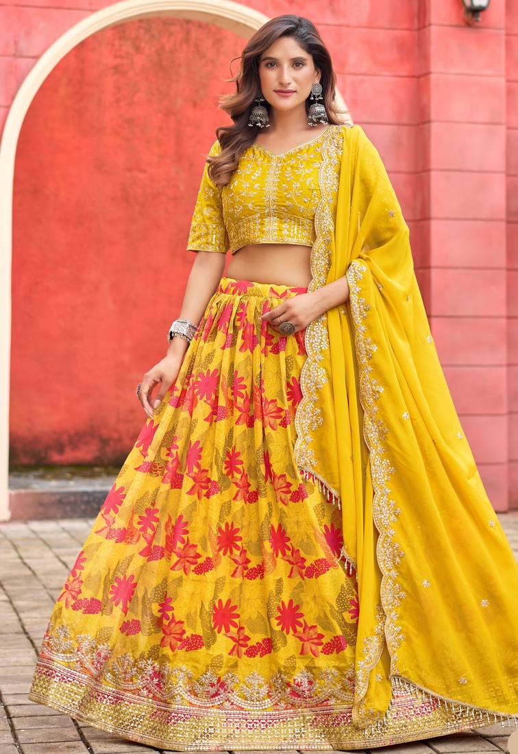 Yellow Art Silk Hand Embroidery Semi Stitched Lehenga Choli Size Up To 42