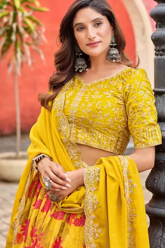 Yellow Art Silk Hand Embroidery Semi Stitched Lehenga Choli Size Up To 42