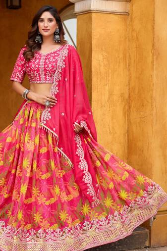 Pink Art Silk Abstract Print Semi Stitched Lehenga Choli Size Up To 42