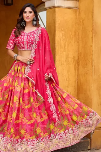 Pink Art Silk Abstract Print Semi Stitched Lehenga Choli Size Up To 42