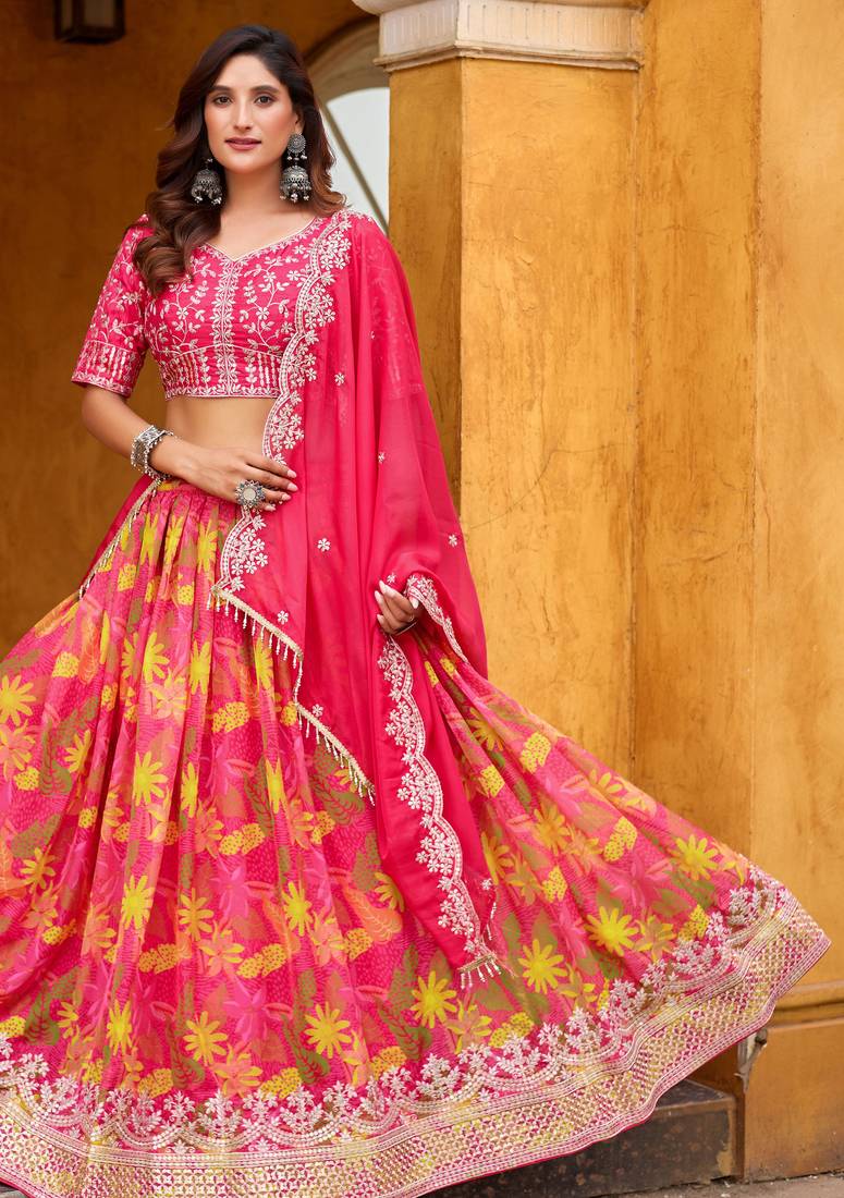 Pink Art Silk Abstract Print Semi Stitched Lehenga Choli Size Up To 42