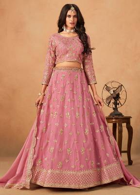 Baby Pink Organza Hand Embroidery Semi Stitched Lehenga Choli Size Up To 42 1