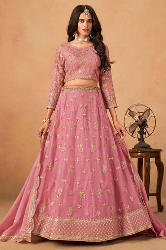 Baby Pink Organza Hand Embroidery Semi Stitched Lehenga Choli Size Up To 42