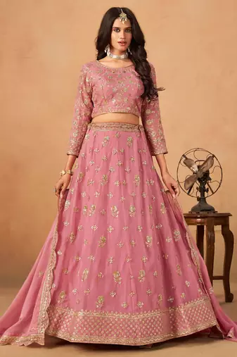 Baby Pink Organza Hand Embroidery Semi Stitched Lehenga Choli Size Up To 42