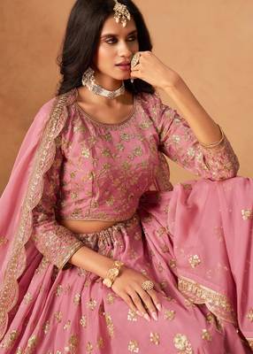 Baby Pink Organza Hand Embroidery Semi Stitched Lehenga Choli Size Up To 42 2