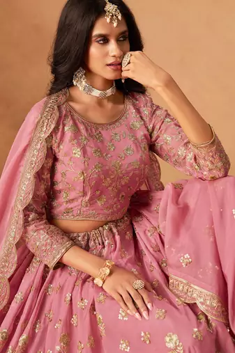 Baby Pink Organza Hand Embroidery Semi Stitched Lehenga Choli Size Up To 42