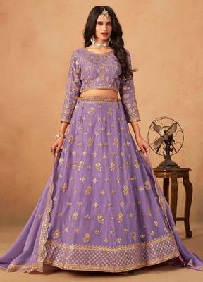 Lavender Organza Hand Embroidery Semi Stitched Lehenga Choli Size Up To 42 1