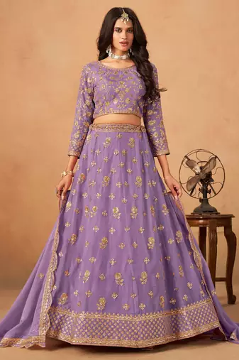 Lavender Organza Hand Embroidery Semi Stitched Lehenga Choli Size Up To 42