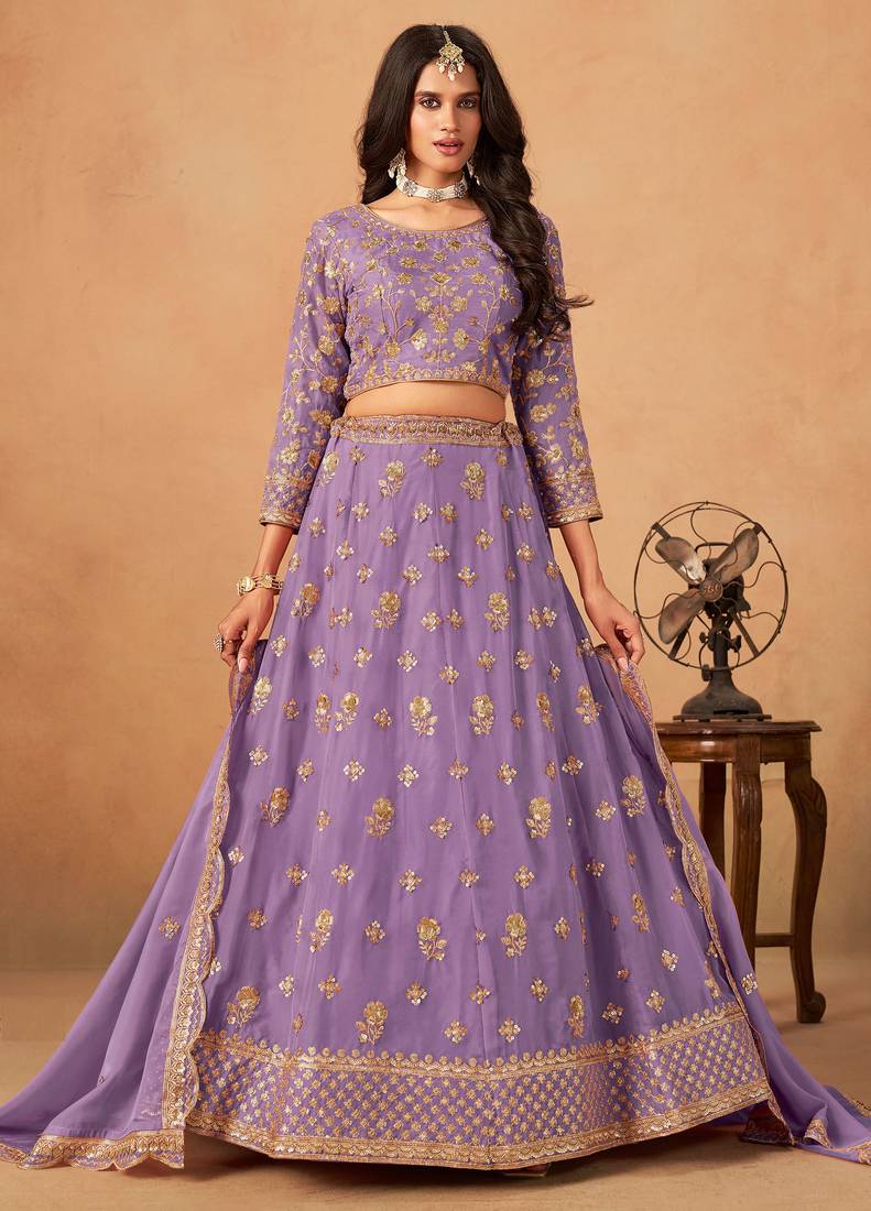 Lavender Organza Hand Embroidery Semi Stitched Lehenga Choli Size Up To 42
