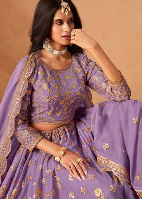 Lavender Organza Hand Embroidery Semi Stitched Lehenga Choli Size Up To 42 2