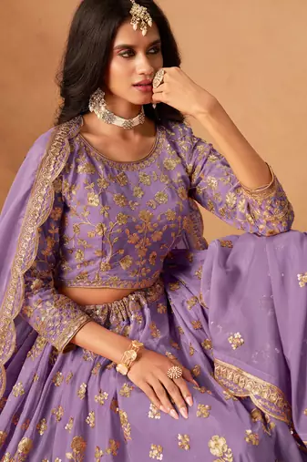 Lavender Organza Hand Embroidery Semi Stitched Lehenga Choli Size Up To 42