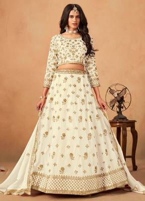 White Organza Hand Embroidery Semi Stitched Lehenga Choli Size Up To 42 1