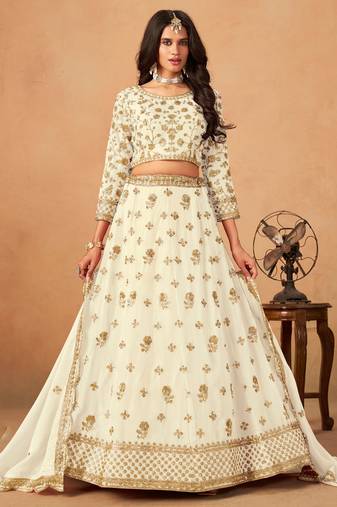 White Organza Hand Embroidery Semi Stitched Lehenga Choli Size Up To 42