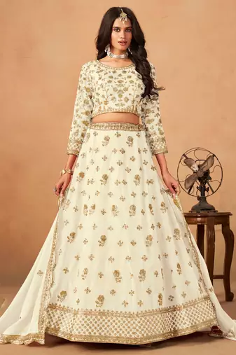 White Organza Hand Embroidery Semi Stitched Lehenga Choli Size Up To 42