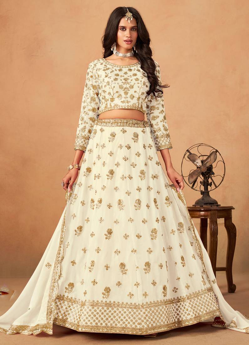 White Organza Hand Embroidery Semi Stitched Lehenga Choli Size Up To 42