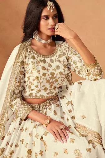 White Organza Hand Embroidery Semi Stitched Lehenga Choli Size Up To 42