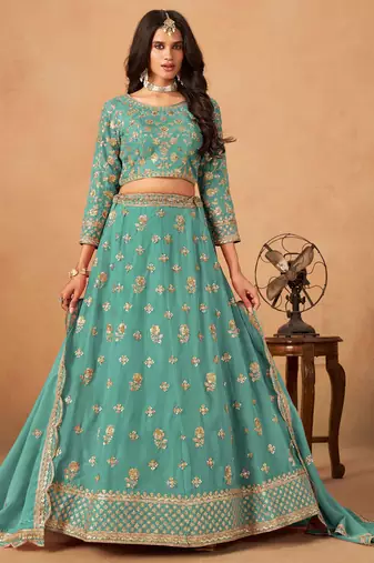Sea Green Organza Hand Embroidery Semi Stitched Lehenga Choli Size Up To 42