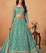 Sea Green Organza Hand Embroidery Semi Stitched Lehenga Choli Size Up To 42