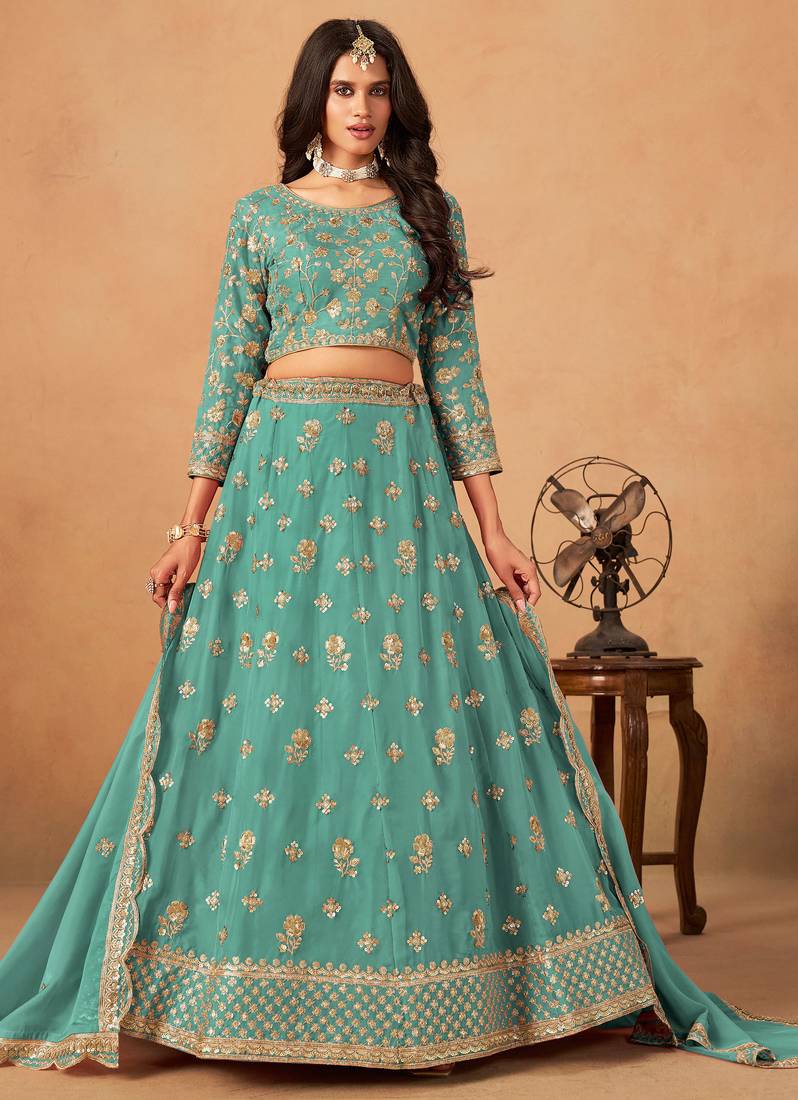 Sea Green Organza Hand Embroidery Semi Stitched Lehenga Choli Size Up To 42