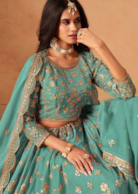 Sea Green Organza Hand Embroidery Semi Stitched Lehenga Choli Size Up To 42 2
