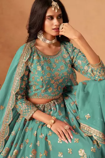 Sea Green Organza Hand Embroidery Semi Stitched Lehenga Choli Size Up To 42