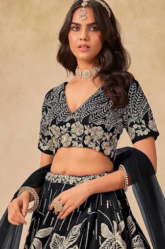 Black  Art Silk Sequins Work Semi Stitched Lehenga Choli Size Up To 42
