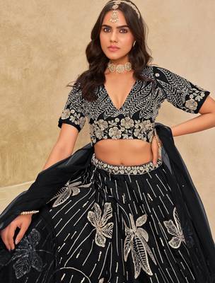 Black  Art Silk Sequins Work Semi Stitched Lehenga Choli Size Up To 42 2