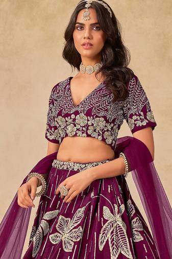 Purple Art Silk Sequins Work Semi Stitched Lehenga Choli Size Up To 42
