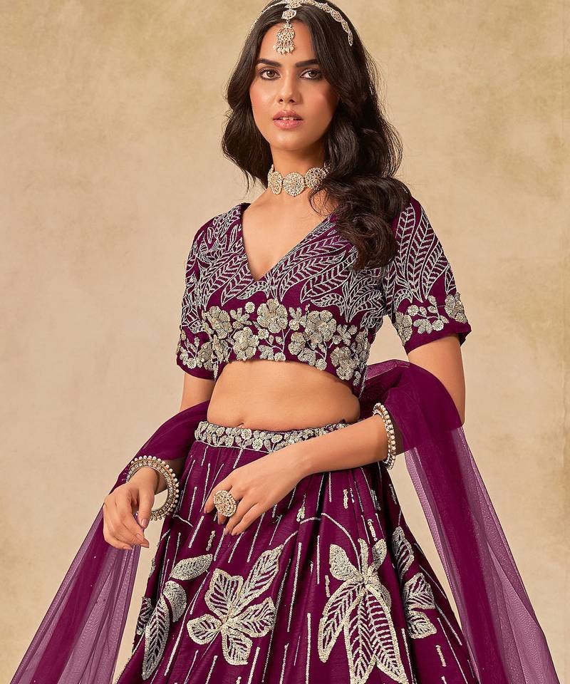Purple Art Silk Sequins Work Semi Stitched Lehenga Choli Size Up To 42
