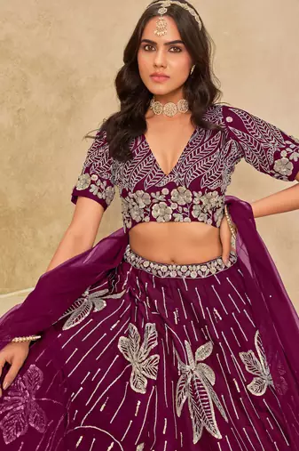 Purple Art Silk Sequins Work Semi Stitched Lehenga Choli Size Up To 42