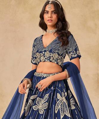 Royal Blue Art Silk Sequins Work Semi Stitched Lehenga Choli Size Up To 42 1