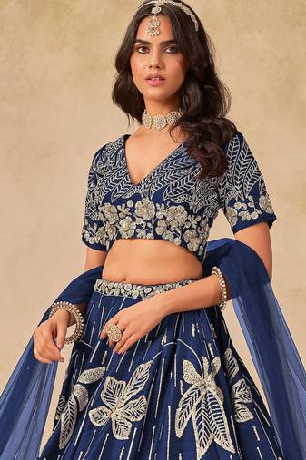 Royal Blue Art Silk Sequins Work Semi Stitched Lehenga Choli Size Up To 42