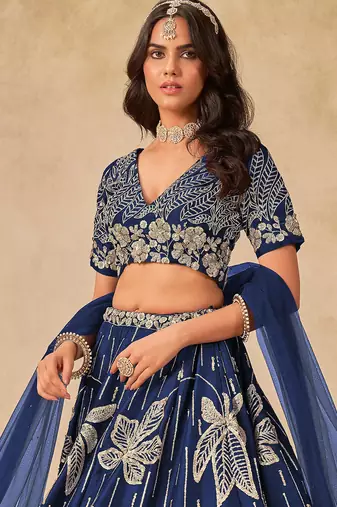 Royal Blue Art Silk Sequins Work Semi Stitched Lehenga Choli Size Up To 42